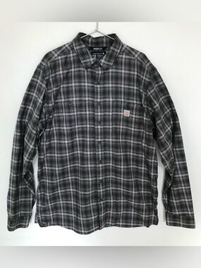 Carhartt Men's Grey Black Rugged Flex Plaid Button-Down Shirt